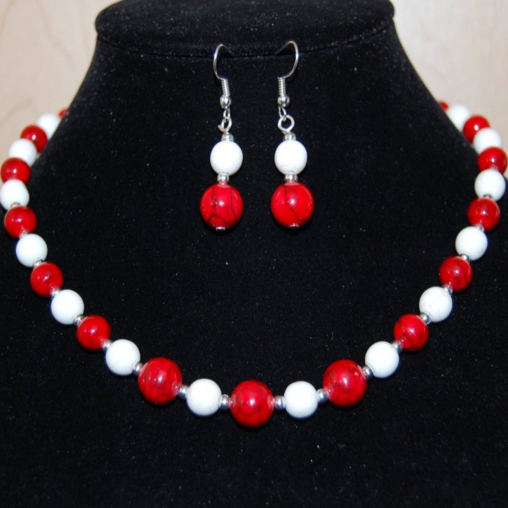 Red Howlite Necklace and Earrings Set,Red and White Howlite Gemstone Beads,Red